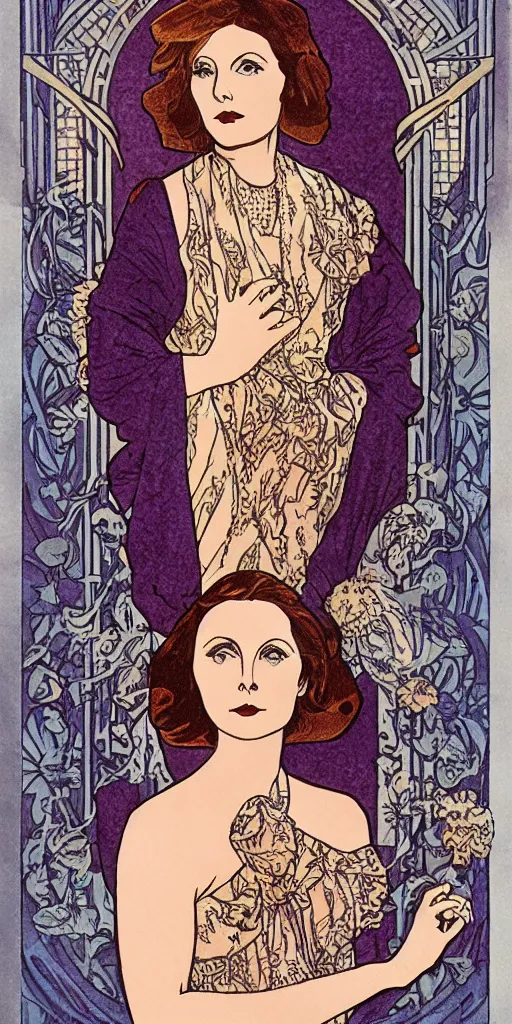 Prompt: Greta Garbo in the style of Mucha