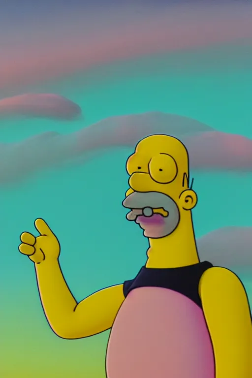 Image similar to high quality pastel coloured film close up wide angle photograph of homer simpson wearing clothing swimming on cloud furniture in a icelandic black rock environment in a partially haze filled dreamstate world. three point light, rainbow. photographic production. art directed. pastel colours. volumetric clouds. pastel gradient overlay. waves glitch artefacts. extreme facial clarity. 8 k. filmic.