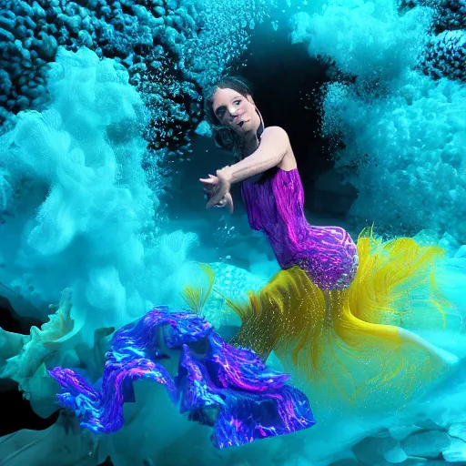 Image similar to woman dancing underwater wearing a flowing dress made of blue, magenta, and yellow seaweed, delicate coral sea bottom, swirling silver fish, swirling smoke shapes, maya render, caustics lighting from above, cinematic, hyperdetailed