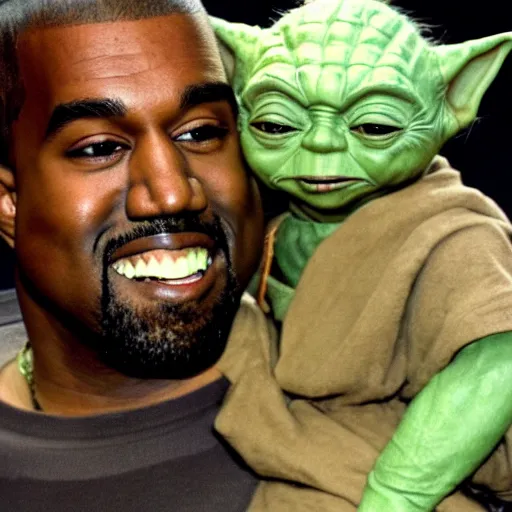 Image similar to kanye west smiling and holding yoda yoda for a 1 9 9 0 s sitcom tv show, studio photograph, portrait