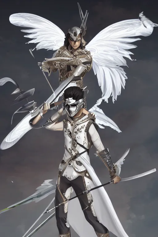 Prompt: an archer with a silver mask and falcon inspired white clothes with butterfly wings, wlop, trending on artstation, deviantart, anime key visual, official media, professional art, 8 k uhd