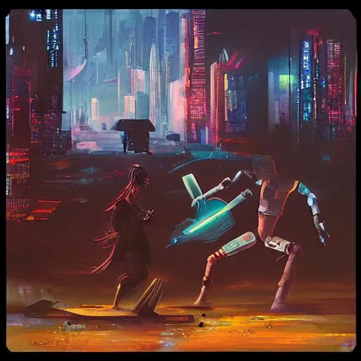 Prompt: “cyberpunk painting of a battle between two artificial intelligences”