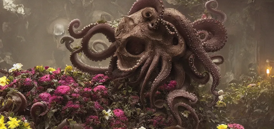 Prompt: an octopus in the shape of a skull surrounded by flowers at midnight, foggy!, cinematic shot, photo still from movie by denis villeneuve!, wayne barlowe