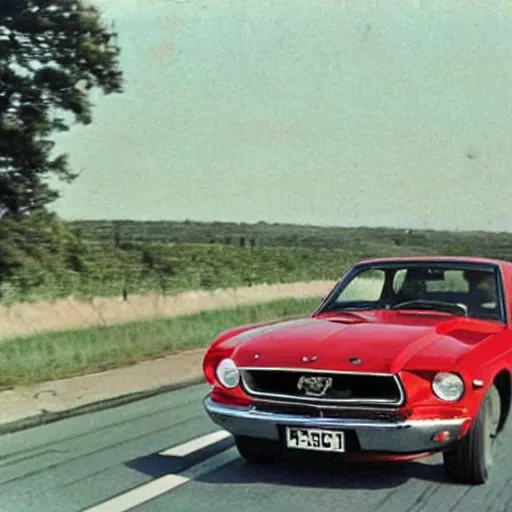 Prompt: coloured photograph of a muscled young white bald guy with broad shoulders, black shirt and a large chest driving a racing red mustang down a british road, high detail