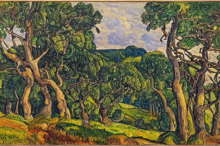 Prompt: masterpiece painting of oak trees on a hillside overlooking a creek, dramatic lighting, by arthur lismer