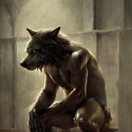 Image similar to Portrait of a rugged werewolf sitting down, male, muscular, detailed face, bare thighs!!!, simple clothing!!!!!, fantasy, medieval, highly detailed, cinematic lighting, digital art painting by greg rutkowski