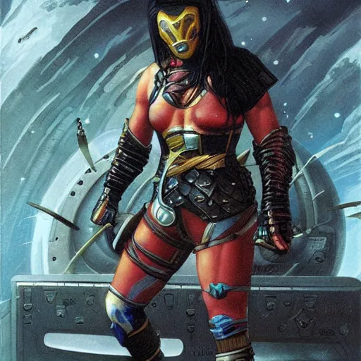 Prompt: Female mortal Kombat warrior in a spaceship, by normal Rockwell and Gerald Brom