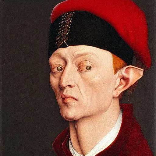 Image similar to 3/4 bust portrait of a high fantasy elf mall cop by Jan van Eyck