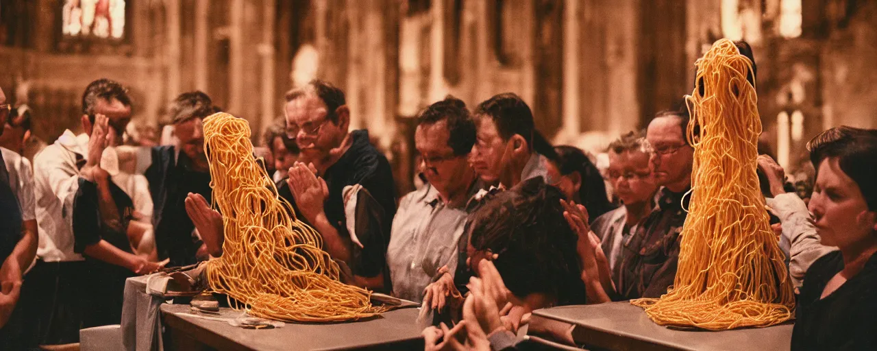 Prompt: people praying to a statue of spaghetti inside a church, canon 5 0 mm, cinematic lighting, photography, retro, film, kodachrome, closeup