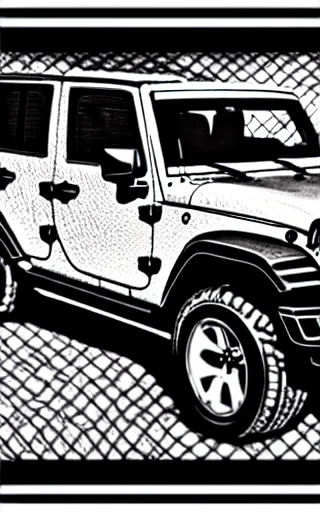 Prompt: a coloring book page of a jeep Wrangler