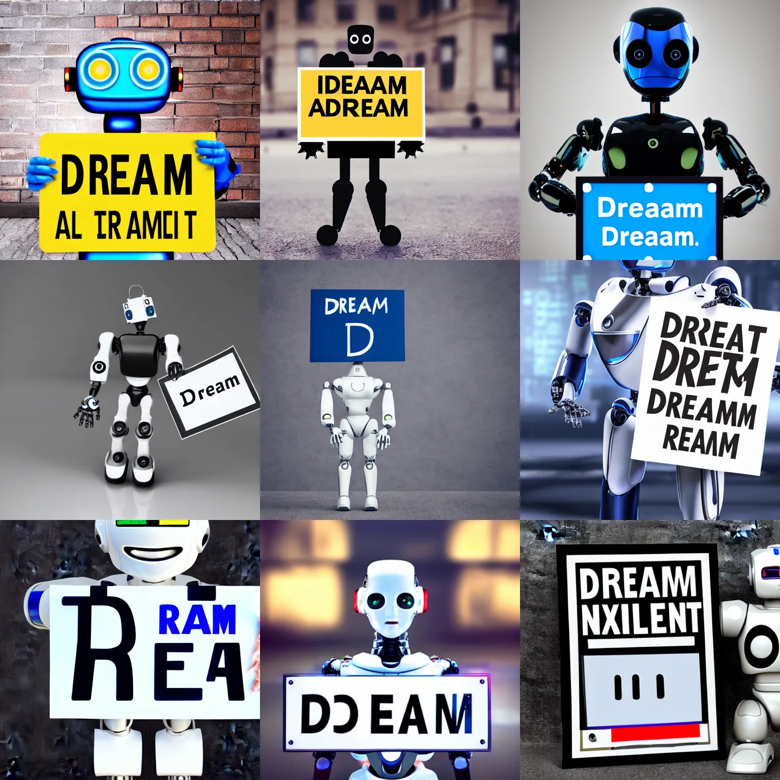 Prompt: artificial intelligence robot holding a sign with text that reads :! dream