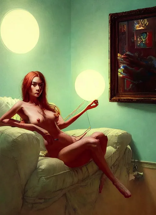 Prompt: a hyper realistic painting of a beautiful woman in a luxurious apartment, gorgeous lighting, painting by chiara bautista and beksinski and norman rockwell and greg rutkowski weta studio, and lucasfilm