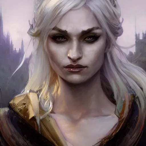 Prompt: closeup portrait of drow, dungeons and dragons character, dramatic lighting, castle background, gorgeous view, realistic, high detail, digital art, painted by greg rutkowski, painted by jeremy mann, painted by alphonse mucha, trending on artstation