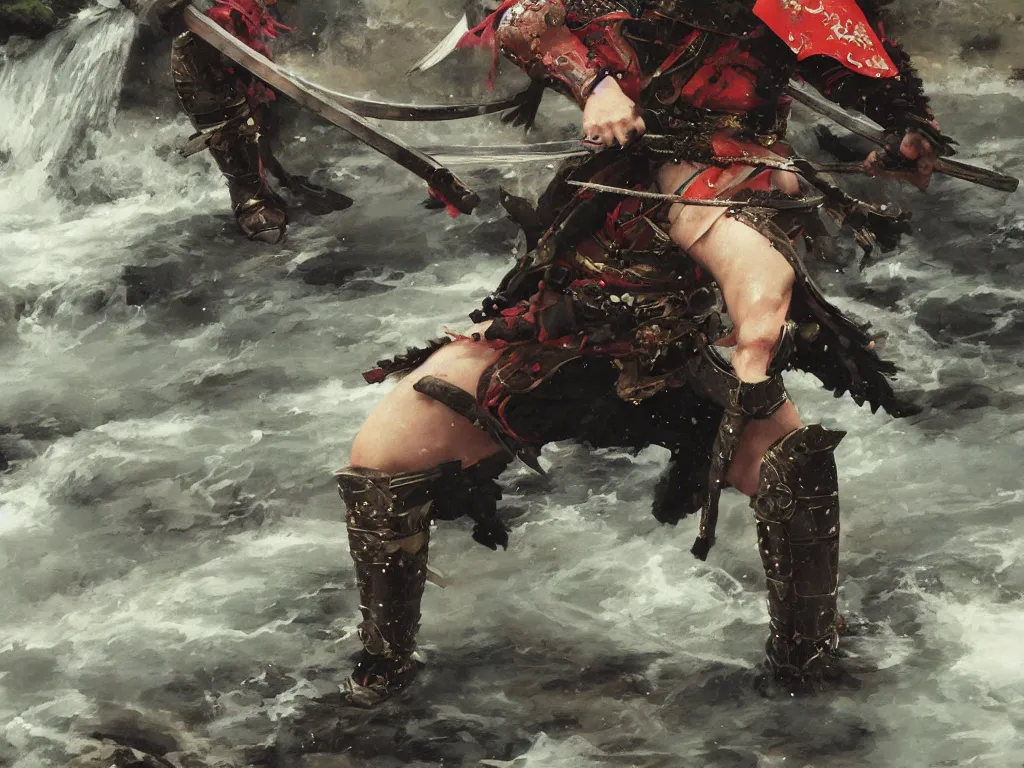 Image similar to close up of a samurai in full armor, training under a waterfall, by huang guangjian and gil elvgren, sachin teng, greg manchess