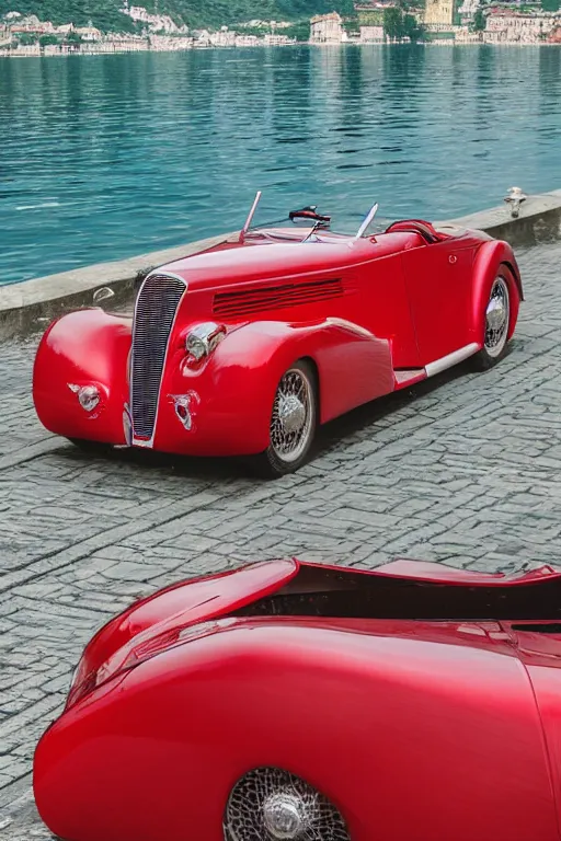 Image similar to Photo of a red 1939 Delahaye parked on a dock with Lake Como in the background, wide shot, daylight, blue sky, summer, dramatic lighting, award winning, highly detailed, 1980s, luxury lifestyle, fine art print, best selling.