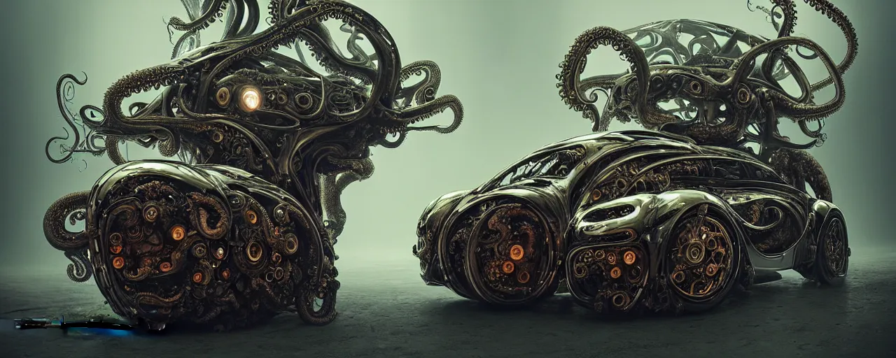 Image similar to biomechanical shiny vehicle reminiscent of bugatti chiron with (glowing) lights and octopus tentacles parked in ancient mystic woods, gothic and baroque, brutalist architecture, ultradetailed, creepy ambiance, fog, artgerm, giger, Intricate by Ellen Jewett and Josan Gonzalez and Giuseppe Arcimboldo