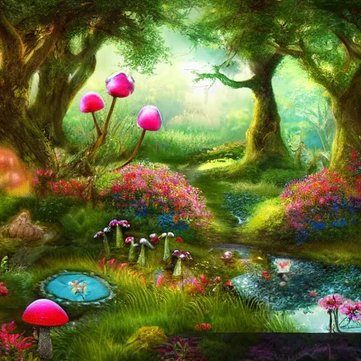 Prompt: secret garden in forest with flowers, toadstools, and pond, detailed airbrushed magical realism landscape painting 4 k
