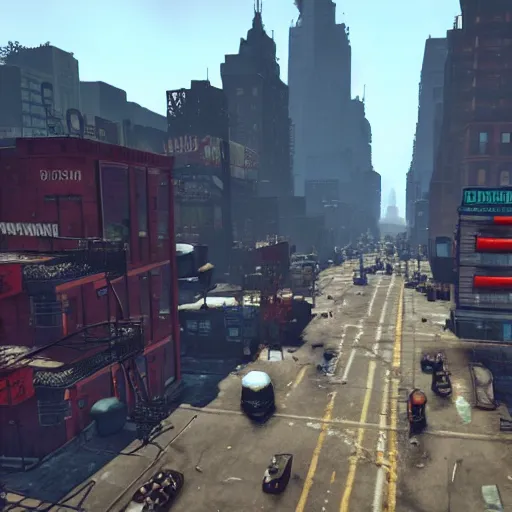 Image similar to broadway, new york city turned into a settlement, post - nuclear war in fallout 4, in game screenshot