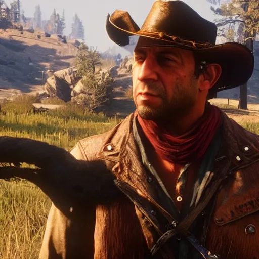 Prompt: a screenshot of vin diesel in red dead redemption 2 as arthur morgan