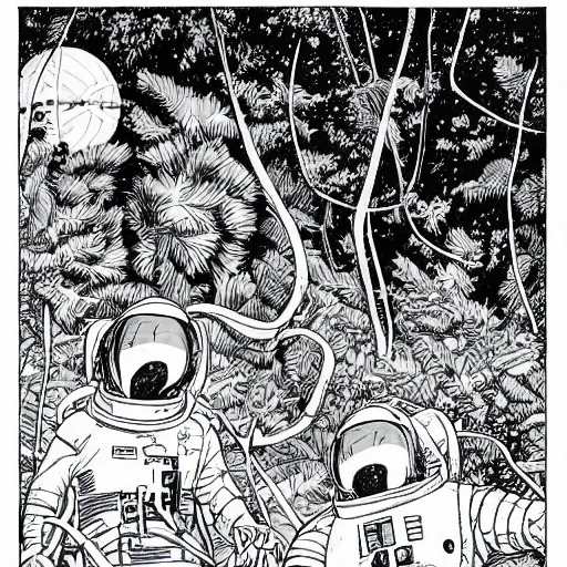 Prompt: highly detailed Moebius sci-fi comic panel illustration ape astronauts exploring a forest, n-4