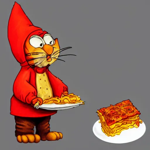 Image similar to “ garfield the cat dressed as a gnome eating lasagna ”