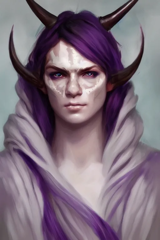 Prompt: white horned djinn human, careless, portrait, concept art, full body purple and white cloak, single face, illustration, costume desig, editorial photo, fashion, hyperrealism, realism, trending on artstation, Charlie Bowater, WLOP