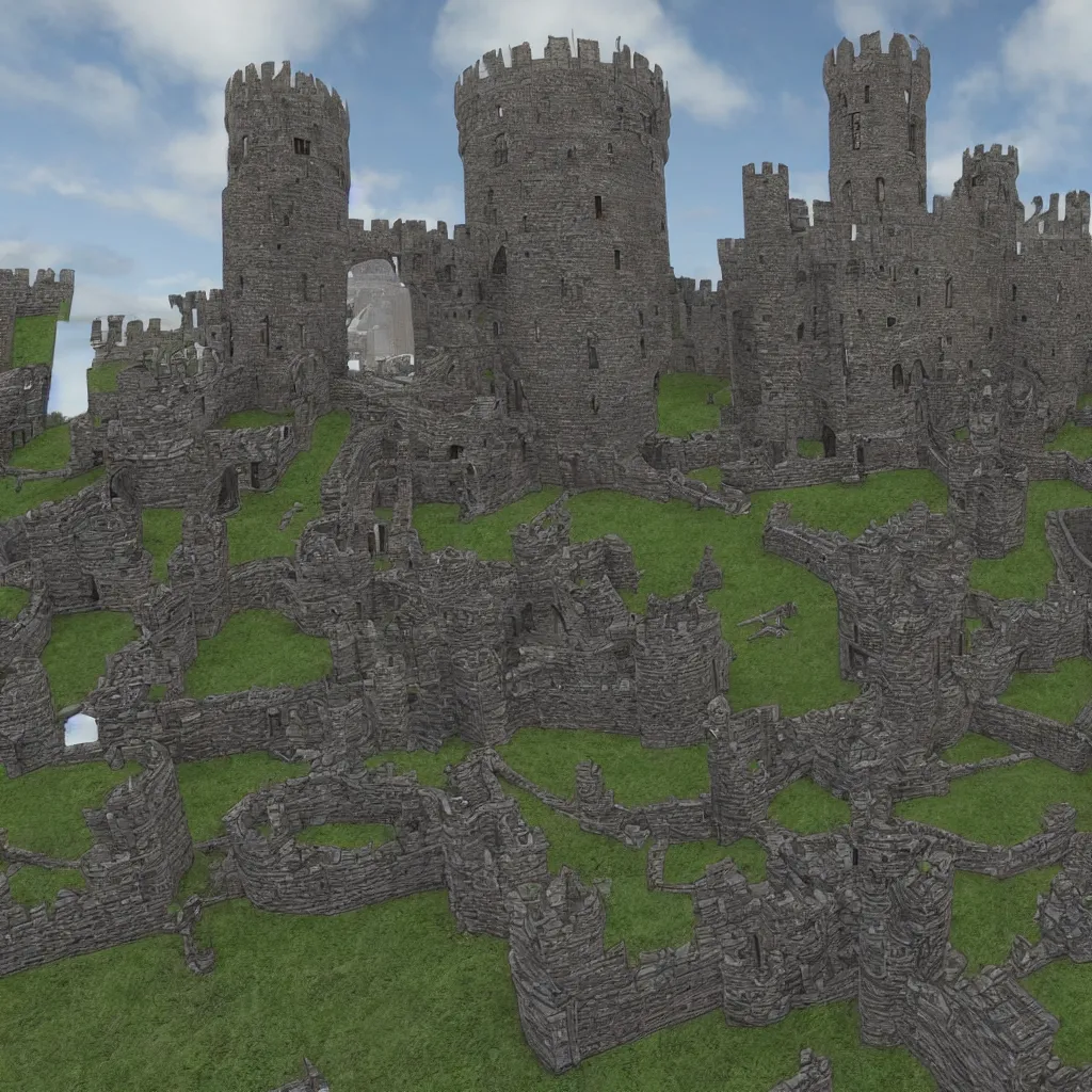 Image similar to celtic castle, 4 towers, photorealistic, hyper detailed, picture taken from the ground, first person perspective, realistic