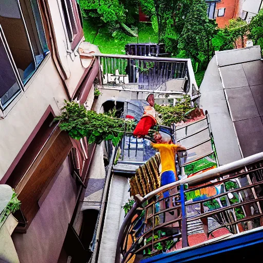 Image similar to some dwarfs are making some backyard somersault from a balcony, photography