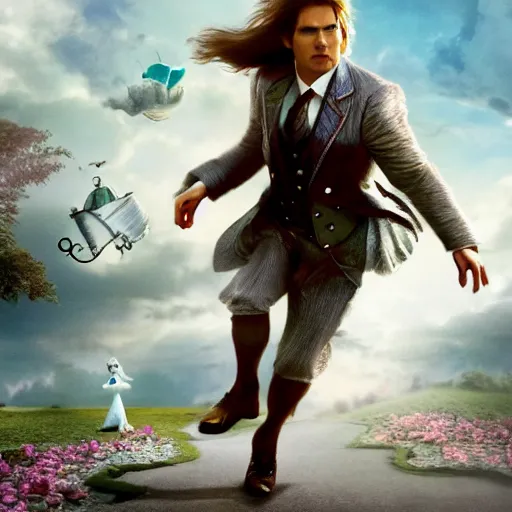 Image similar to tom cruise as Alice in Wonderland chasing the white rabbit, hyperrealistic, highly detailed, depth of field, High definition, 8k, octane render, artstation