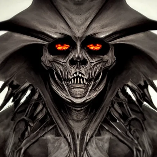 Image similar to a close up view of a demonic looking creature, large, black demonic hat, dark, symmetrical eyes, wide skull face, symmetrical eyes, dark hair, dark armor, dark