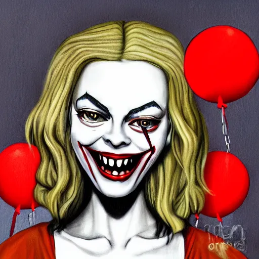 Image similar to grunge cartoon painting of margot robbie with a wide smile and a red balloon by chris leib, loony toons style, pennywise style, corpse bride style, horror theme, detailed, elegant, intricate