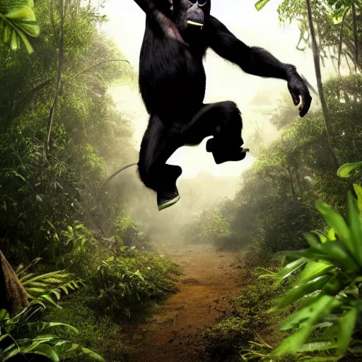 Image similar to Angry Chimpanzee Jumping, Epic Jump, Cinematic Photo, Cinematic Shot, Jungle, Foliage Boris Vallejo, Epic, 8k resolution, ArtStation, Hyperrealistic