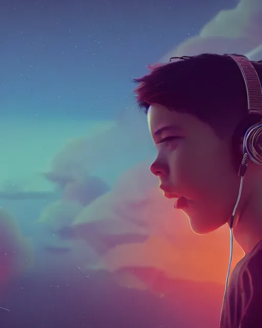 Image similar to boy with headphones looking into the sky, psychedelic trip, cinematic shot, epic composition, fine details, octane render, 8 k, depth of field, concept art, oil painting, digital art, deviantart artstation, extremely detailed, very sharp,