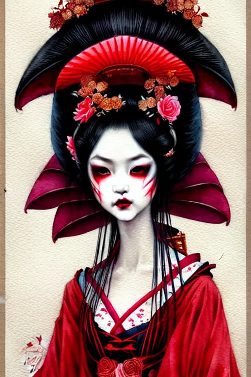 Image similar to watercolor painting of a japanese bjd geisha vampire queen with a long neck in a victorian lolita fashion red dress in the style of dark - fantasy painted by tom bagshaw, amy sol, nekro, dmt art, symmetrical vogue face portrait, intricate detail, artstation, cgsociety, artgerm, rococo