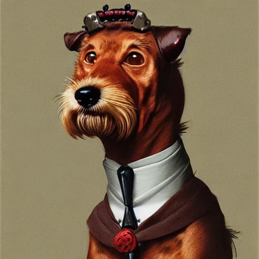 Image similar to ripped physique crown collar leash Man portrait Sherlock Patrick Bateman snout Detective Anthropomorphic furry fuzzy fashion vogue Dachsund man wearing a Dachsund costume wearing an Executive costume gerald brom bastien grivet greg rutkowski norman rockwell portrait face head snout ears eyes illustration tombow