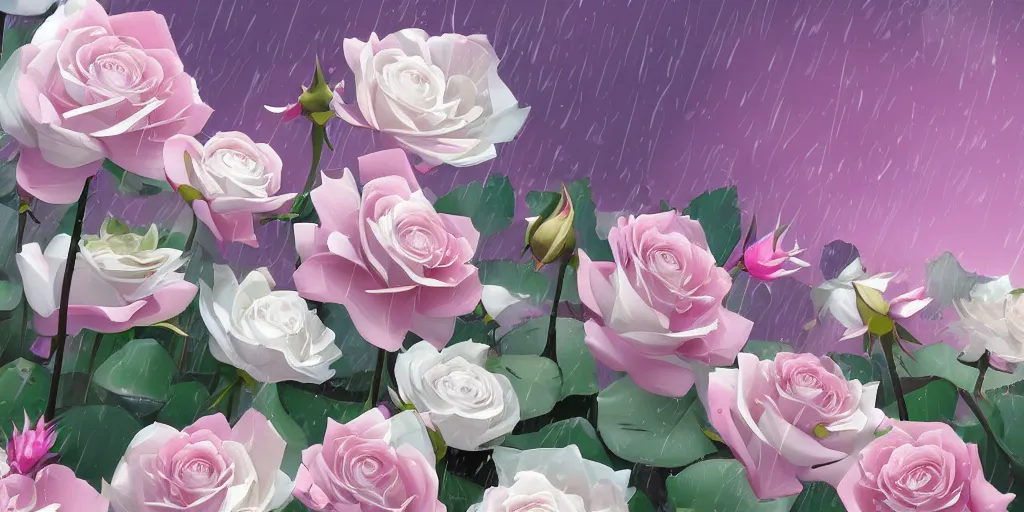 Prompt: background art of flying longswords flowing slicing through a bouquet of white and pink roses, big puffy clouds, sharp rain, large rose petals, lotus petals, large polygonal background elements, large polygons, dramatic anime, dramatic lighting, artgerm, manga, trending on artstation, art nouveau, mature colors