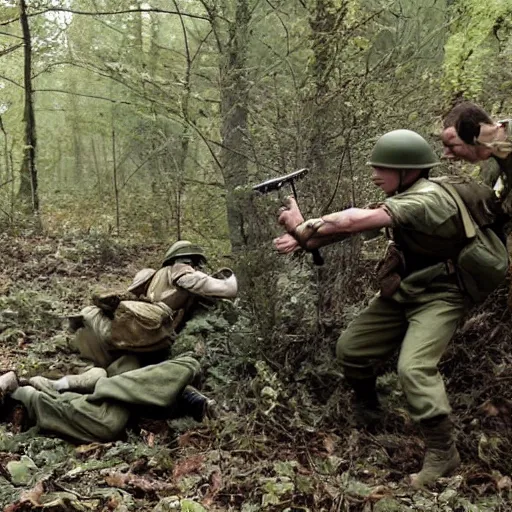 Prompt: ww 2 battlefield encounter in the woods between 2 american soldiers and a german soldier