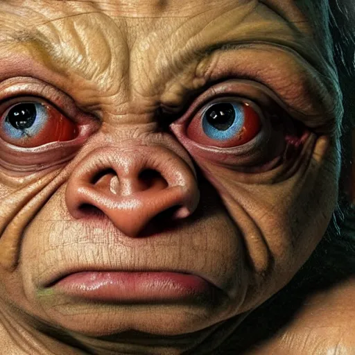 Image similar to hyperrealistic mixed media high resolution painting of Danny DeVito Gollum perched in a dark cave, stunning 3d render inspired art by Jamie Salmon and István Sándorfi and Unreal Engine and Greg Rutkowski, perfect facial symmetry, dim volumetric lighting, 8k octane beautifully detailed render, full body shot, post-processing, extremely hyper-detailed, intricate, epic composition, highly detailed attributes, highly detailed atmosphere, cinematic lighting, masterpiece, trending on artstation, very very detailed, masterpiece, stunning, flawless completion, lifelike texture, perfection,