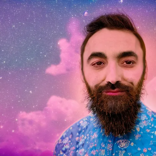 Prompt: a portrait of a man with flowers in the beard, roses peonies forget-me-nots dahlias lupins gladioli, sky theme in background, 35mm Photograph, 4K Resolution, Astrophotography, Digital Art, Trending on artstation