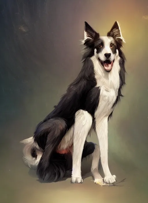 Image similar to wide angle beautiful full body portrait of a cute male anthropomorphic anthro border collie fursona sitting in a parlor room, character design by charlie bowater, henry asencio, and ross tran, disney, scenic background, detailed, aesthetic, trending on artstation, furaffinity, deviantart