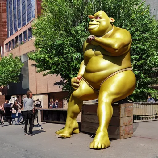 Prompt: the city unveiled a large golden statue of shrek