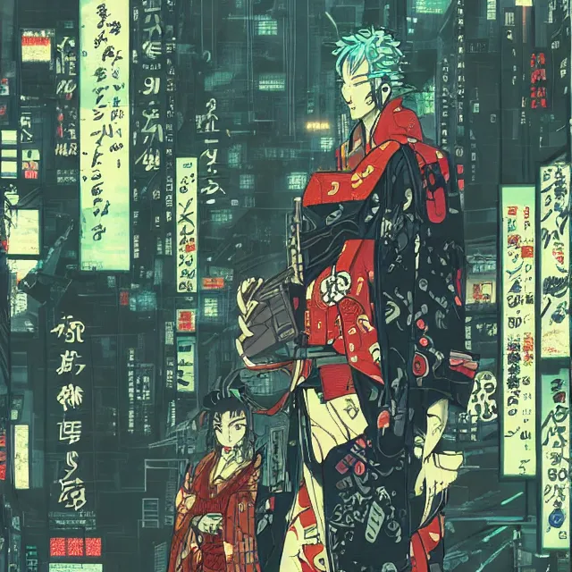 Image similar to cyberpunk in japanese art style