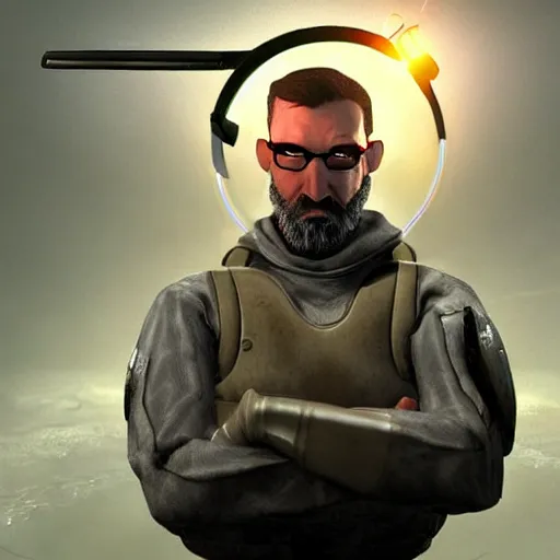 Image similar to gordon freeman with a halo over his head and fish for hands