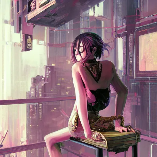 Image similar to a painting of a woman sitting on a stool, cyberpunk art by masamune shirow, pixiv contest winner, fantasy art, enchanting, detailed painting, storybook illustration