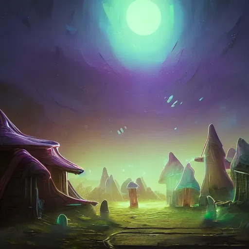 Image similar to concept art painting of a fantasy alien nighttime landscape of houses made of mushrooms, with glowing blue lights, dark purple sky, realistic, detailed, cel shaded, in the style of makoto shinkai and greg rutkowski and albert bierstadt and james gurney