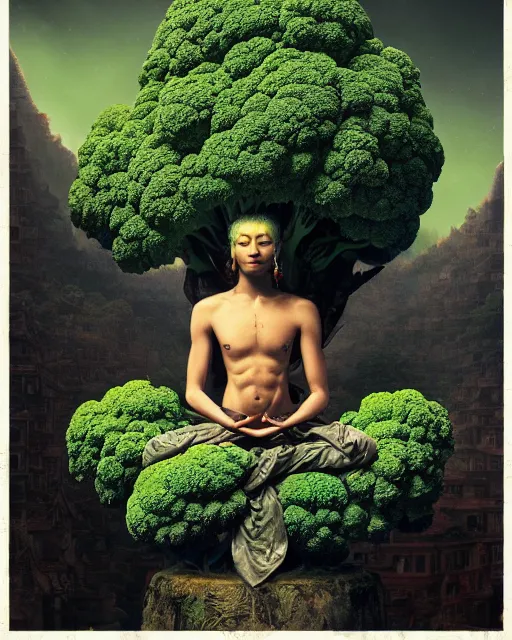 Image similar to detailed photo of meditating broccoli monk, beautiful, 8 k, by tristan eaton, stanley artgermm, tom bagshaw, greg rutkowski, carne griffiths, trending on deviantart, hyper detailed, glorious lighting, epic environment