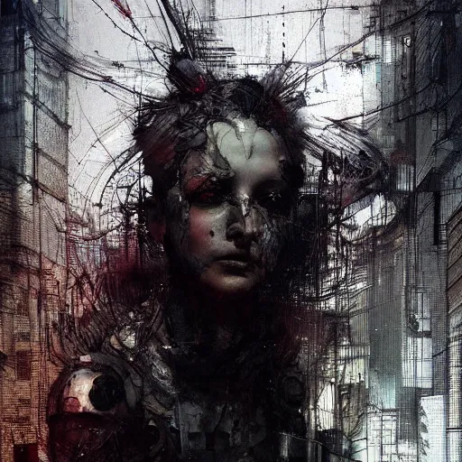 Image similar to screaming cyberpunk, wires, machines by emil melmoth zdzislaw belsinki craig mullins yoji shinkawa realistic render ominous detailed photo atmospheric by jeremy mann francis bacon and agnes cecile ink drips paint smears digital glitches glitchart