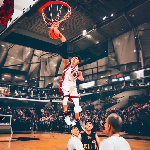 Prompt: photo of asian lebron james as an asian dunking a basketball, nikon d 7 3 0