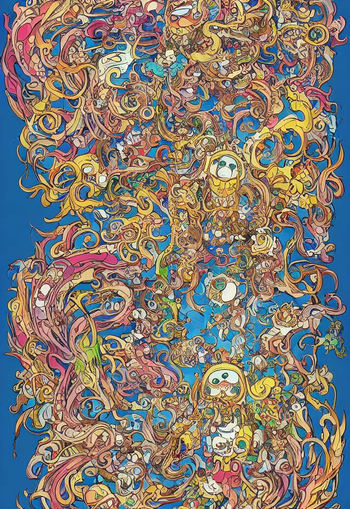 Image similar to bicameral humanoid mythical beast, fantastical, cute, and beautiful hybrid of different animals, a humorous psychedelic creature concept design by Moebius, Studio Ghibli, in the style of Takashi Murakami, symmetrical 4K