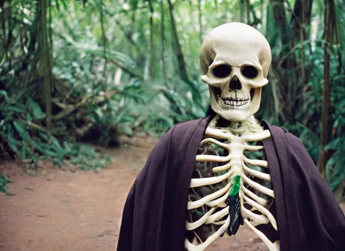 Image similar to screenshot portrait of skeleton in a jedi robe. outside the jedi temple in the jungle. Thriller directed by stanley kubrick, Photographed with Leica Summilux-M 24 mm lens, ISO 100, f/8, Portra 400